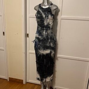 Tie-Dye Black & White Sleeveless Midi Dress S